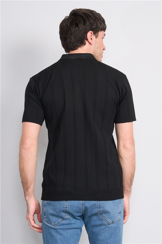 C.K Y26 812 Siyah Erkek Triko Fermmuarlı Şeritli Polo Yaka Tişört M-Xxl