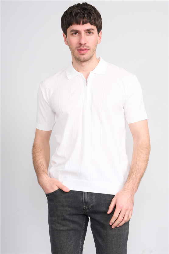 C.K Y26 812 Beyaz Erkek Triko Fermmuarlı Şeritli Polo Yaka Tişört M-Xxl