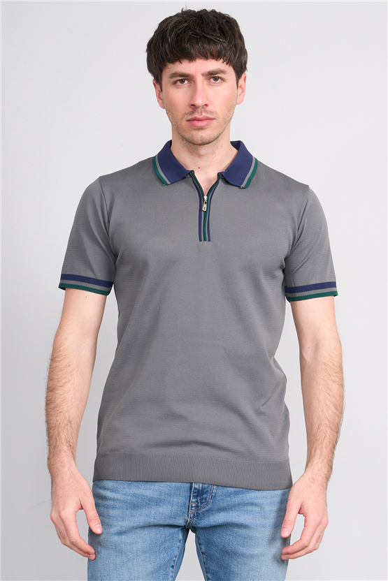 C.K Y26 803 Gri Erkek Triko Fermuarlı Polo Yaka Tişört M-Xxl