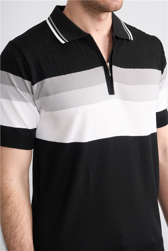 C.K Y26 811 Siyah Erkek Triko Fermuarlı Polo Yaka Çizgilı Tişört M-Xxl