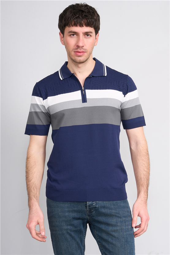 C.K Y26 811 Lacivert Erkek Triko Fermuarlı Polo Yaka Çizgilı Tişört M-Xxl