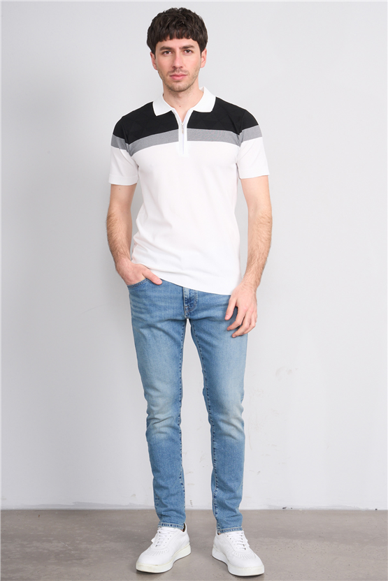 C.K Y26 802 Beyaz Erkek Triko Fermuarlı Desenli Polo Yaka Tişört M-Xxl