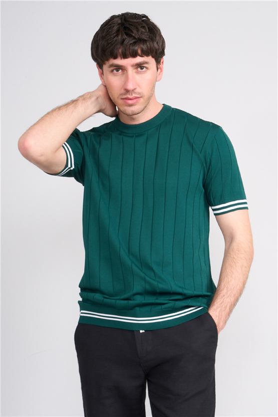 C.K Y26 828 Zümrüt Erkek Triko Bisiklet Yaka Nakış Detaylı Şeritli Tişört M-Xxl