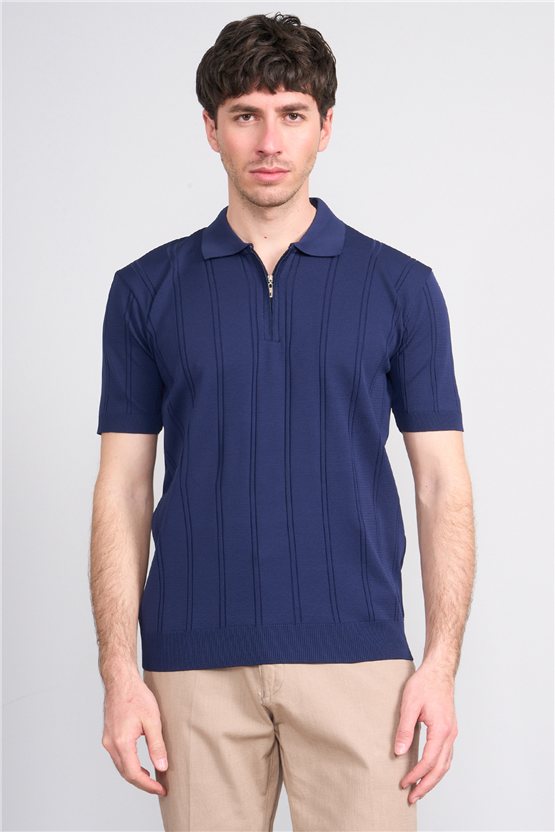 C.K Y26 812 Lacivert Erkek Triko Fermmuarlı Şeritli Polo Yaka Tişört M-Xxl