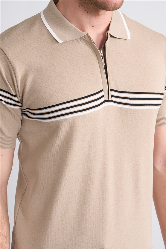 C.K Y26 805 Kahverengi Erkek Triko Fermuarlı Çizgi Detaylı Polo Yaka Tişört M-Xxl