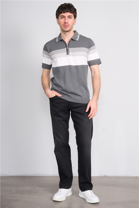 C.K Y26 811 Gri Erkek Triko Fermuarlı Polo Yaka Çizgilı Tişört M-Xxl