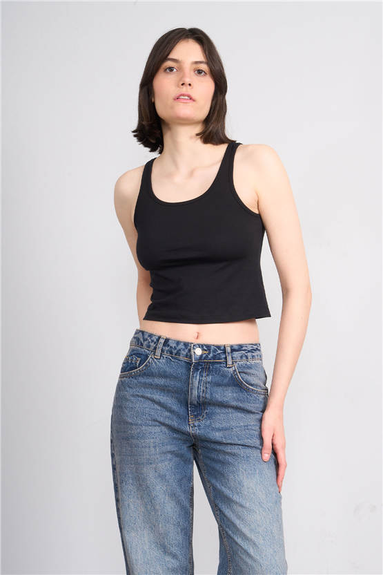 C.K Y26 8282 Fithit Byn Askılı Penye Crop Atlet Siyah