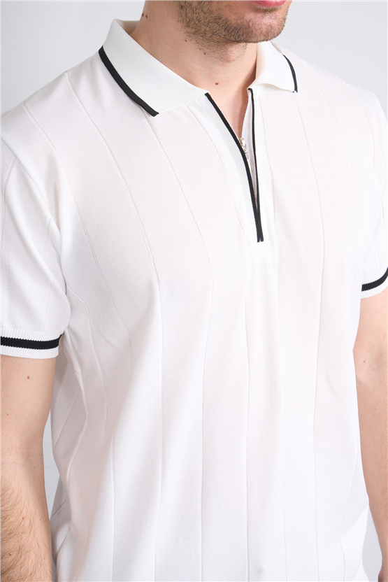 C.K Y26 829 Beyaz Erkek Triko Fermuarlı Şeritli Polo Yaka Tişört M-Xxl