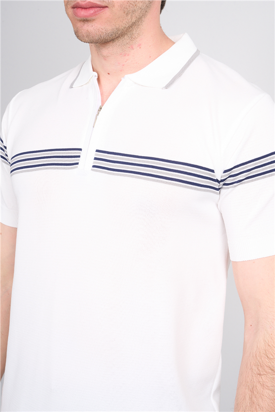 C.K Y26 805 Beyaz Erkek Triko Fermuarlı Çizgi Detaylı Polo Yaka Tişört M-Xxl