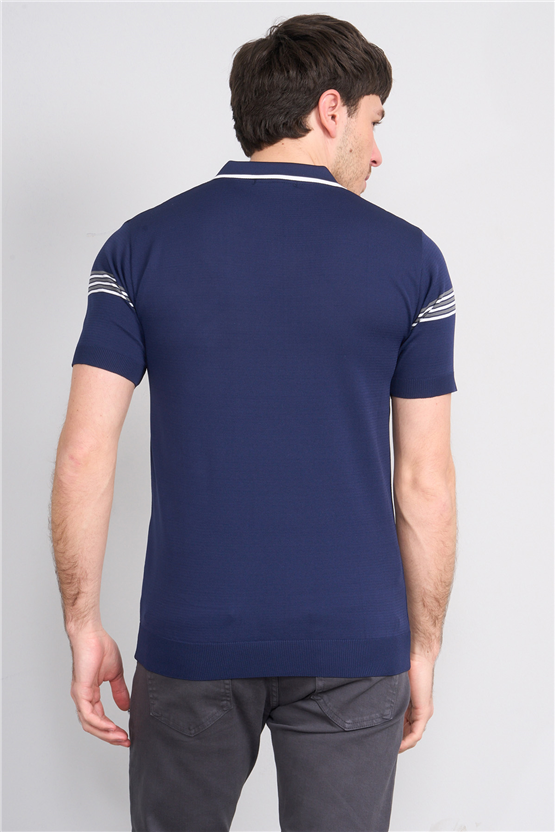 C.K Y26 805 Lacivert Erkek Triko Fermuarlı Çizgi Detaylı Polo Yaka Tişört M-Xxl
