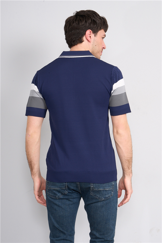 C.K Y26 811 Lacivert Erkek Triko Fermuarlı Polo Yaka Çizgilı Tişört M-Xxl