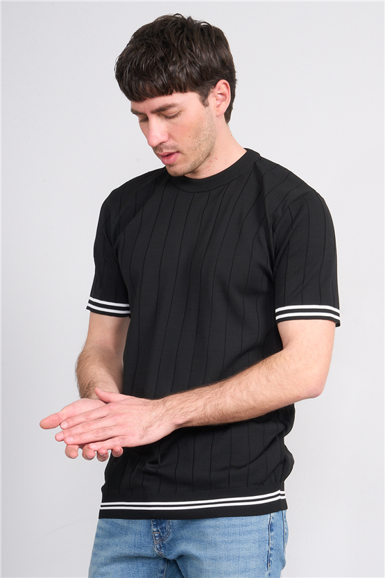 C.K Y26 828 Siyah Erkek Triko Bisiklet Yaka Nakış Detaylı Şeritli Tişört M-Xxl