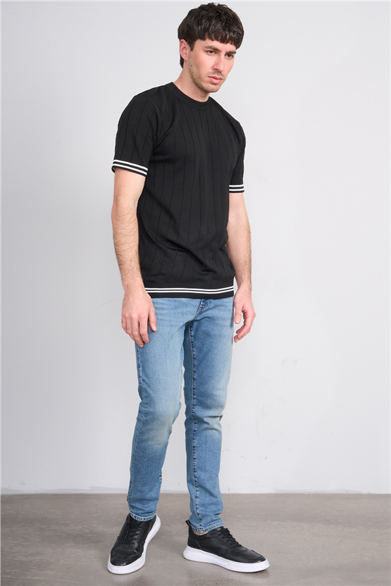 C.K Y26 828 Siyah Erkek Triko Bisiklet Yaka Nakış Detaylı Şeritli Tişört M-Xxl