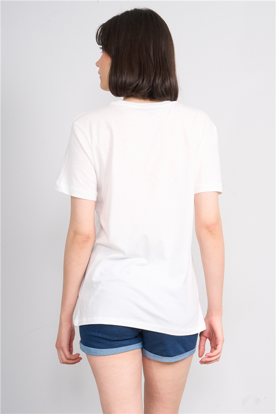 C.K Y26 8893 Fithit Kadın Bisiklet Yaka Regular Nakışlı T-shirt Krem