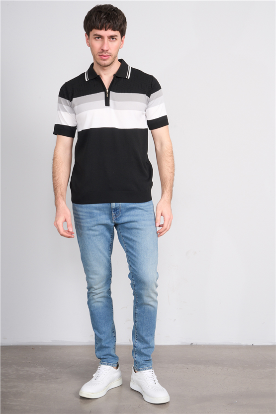 C.K Y26 811 Siyah Erkek Triko Fermuarlı Polo Yaka Çizgilı Tişört M-Xxl