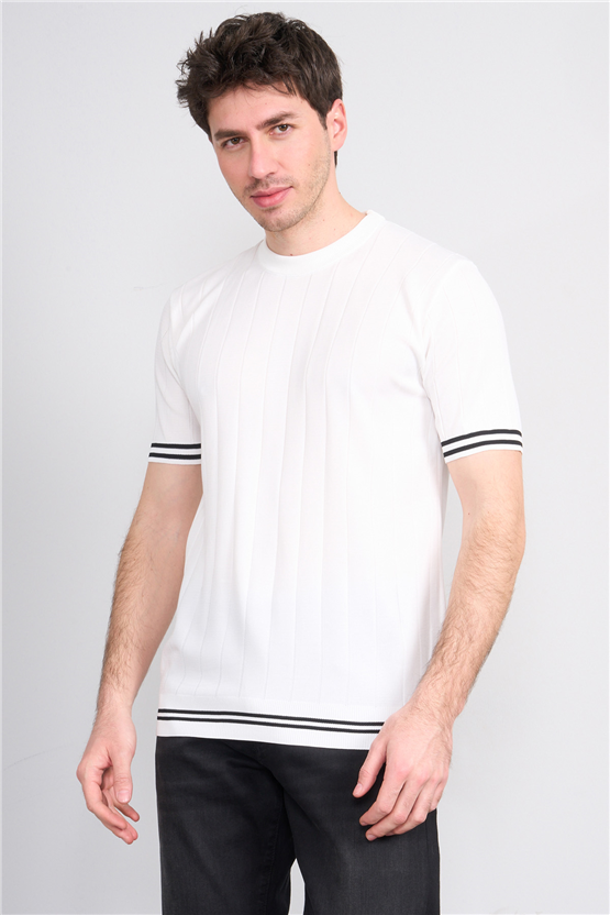 C.K Y26 828 Beyaz Erkek Triko Bisiklet Yaka Nakış Detaylı Şeritli Tişört M-Xxl