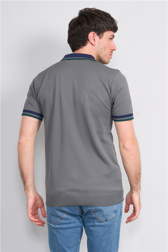 C.K Y26 803 Gri Erkek Triko Fermuarlı Polo Yaka Tişört M-Xxl