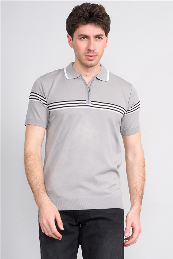 C.K Y26 805 Gri Erkek Triko Fermuarlı Çizgi Detaylı Polo Yaka Tişört M-Xxl