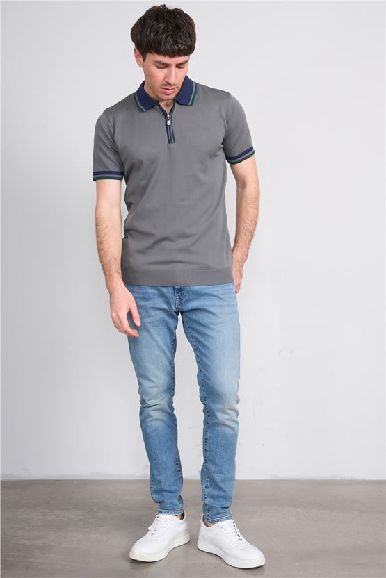 C.K Y26 803 Gri Erkek Triko Fermuarlı Polo Yaka Tişört M-Xxl