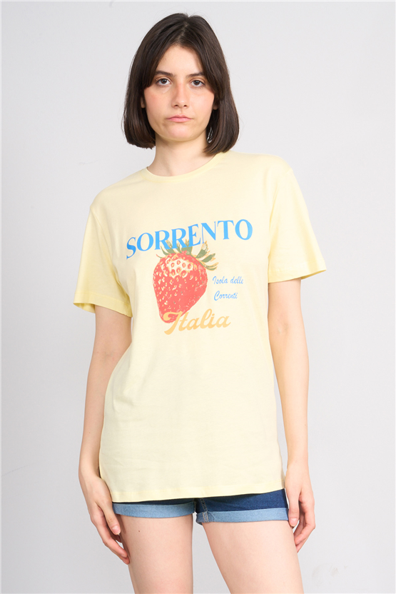 C.K Y26 8893 Fithit Kadın Bisiklet Yaka Regular Nakışlı T-shirt Uçuk Sarı