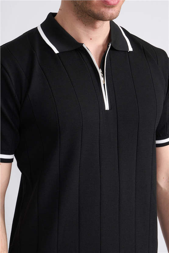 C.K Y26 829 Lacivert Erkek Triko Fermuarlı Şeritli Polo Yaka Tişört M-Xxl