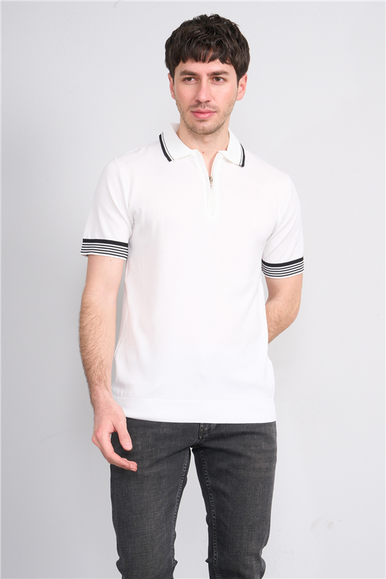 C.K Y26 815 Beyaz Erkek Triko Fermmuarlı Şeritli Polo Yaka Tişört M-Xxl