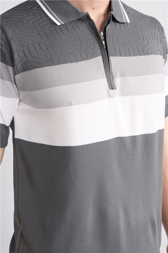 C.K Y26 811 Gri Erkek Triko Fermuarlı Polo Yaka Çizgilı Tişört M-Xxl