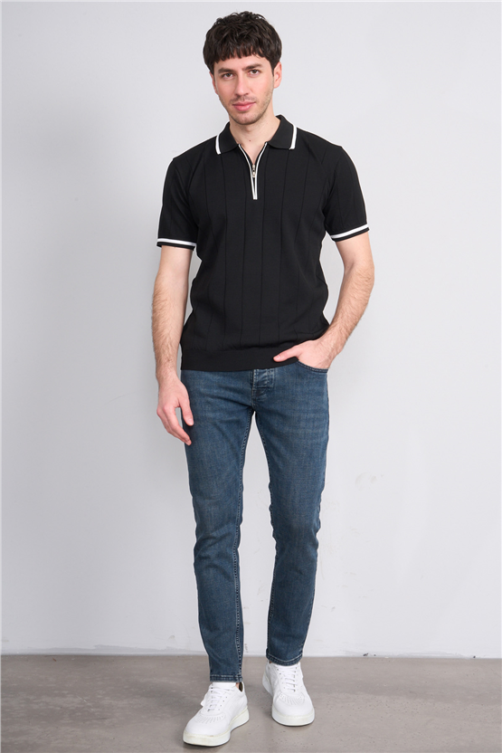 C.K Y26 829 Lacivert Erkek Triko Fermuarlı Şeritli Polo Yaka Tişört M-Xxl