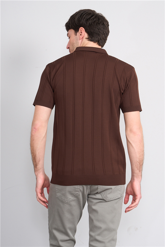 C.K Y26 812 Kahverengi Erkek Triko Fermmuarlı Şeritli Polo Yaka Tişört M-Xxl