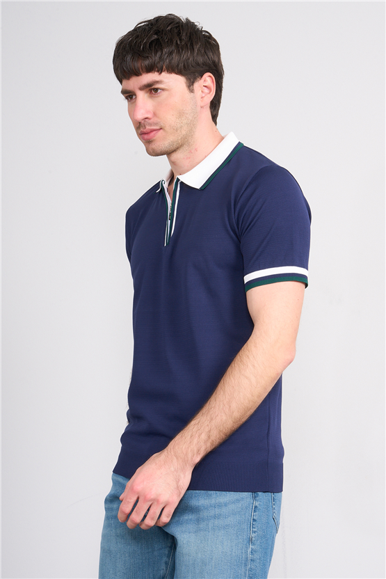 C.K Y26 803 Lacivert Erkek Triko Fermuarlı Polo Yaka Tişört M-Xxl