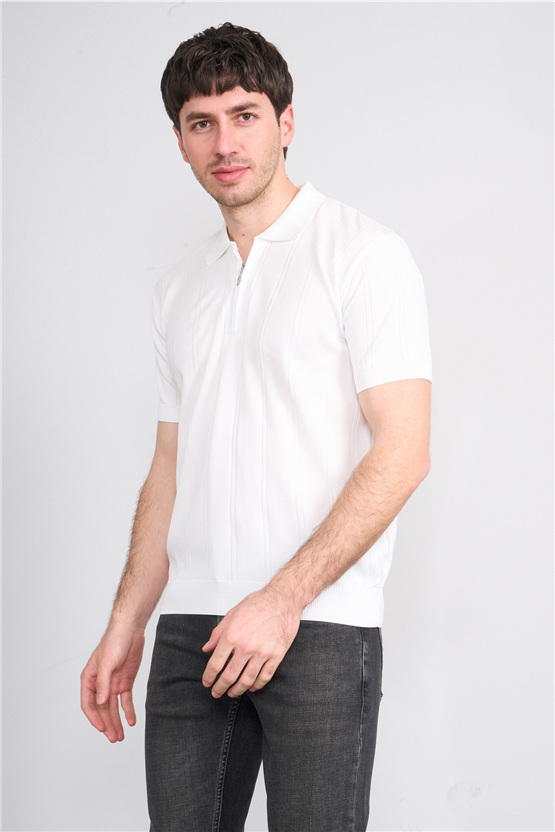C.K Y26 812 Beyaz Erkek Triko Fermmuarlı Şeritli Polo Yaka Tişört M-Xxl