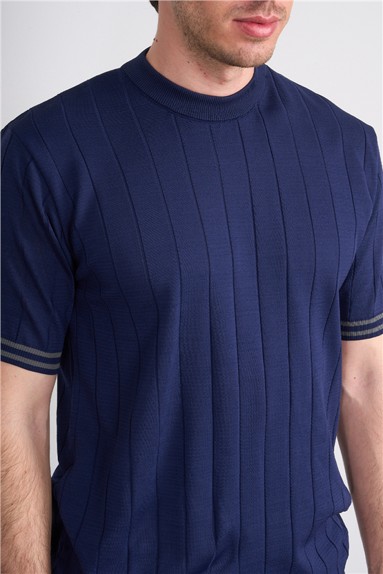 C.K Y26 828 Lacivert Erkek Triko Bisiklet Yaka Nakış Detaylı Şeritli Tişört M-Xxl