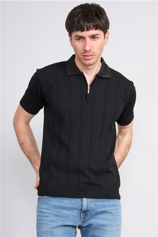 C.K Y26 812 Siyah Erkek Triko Fermmuarlı Şeritli Polo Yaka Tişört M-Xxl