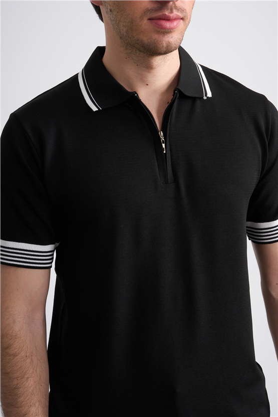 C.K Y26 815 Siyah Erkek Triko Fermmuarlı Şeritli Polo Yaka Tişört M-Xxl