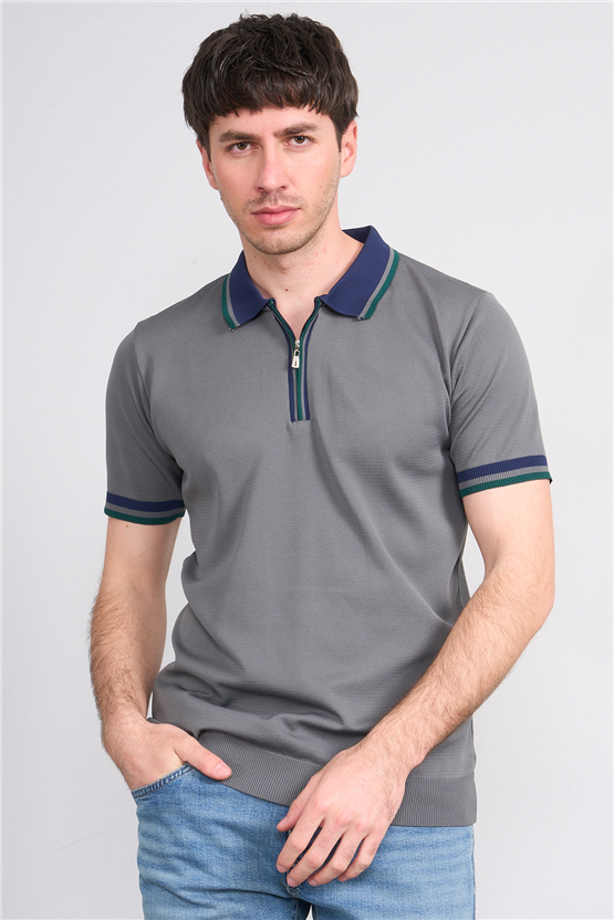 C.K Y26 803 Gri Erkek Triko Fermuarlı Polo Yaka Tişört M-Xxl
