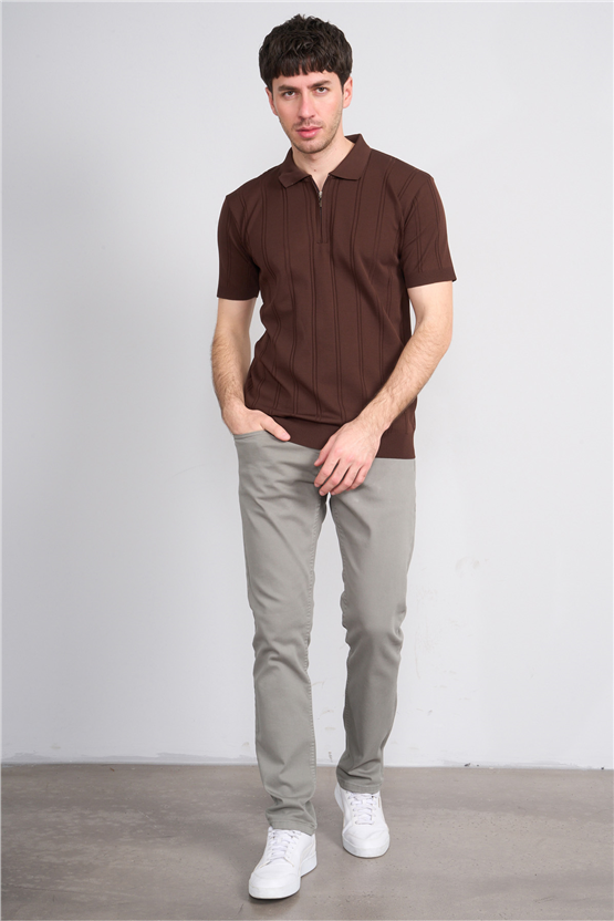 C.K Y26 812 Kahverengi Erkek Triko Fermmuarlı Şeritli Polo Yaka Tişört M-Xxl