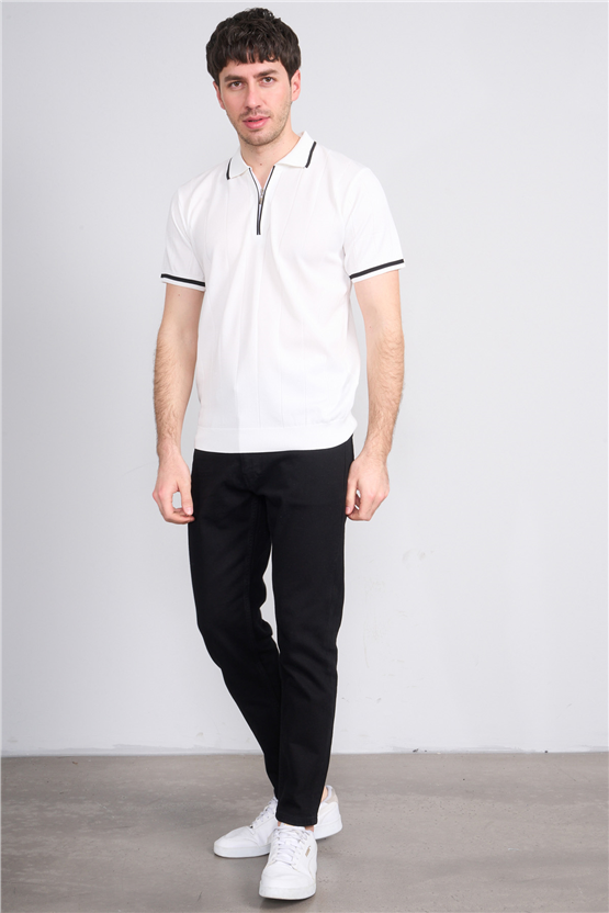 C.K Y26 829 Beyaz Erkek Triko Fermuarlı Şeritli Polo Yaka Tişört M-Xxl