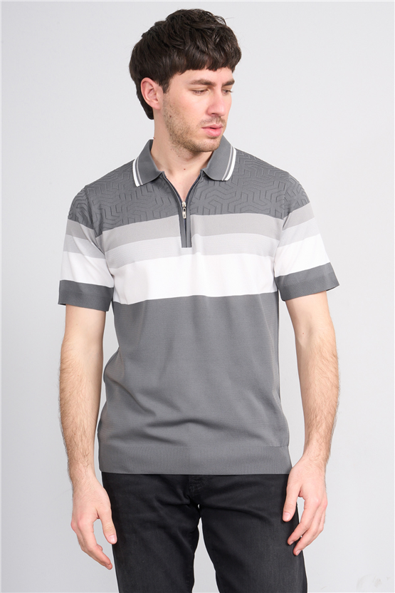 C.K Y26 811 Gri Erkek Triko Fermuarlı Polo Yaka Çizgilı Tişört M-Xxl