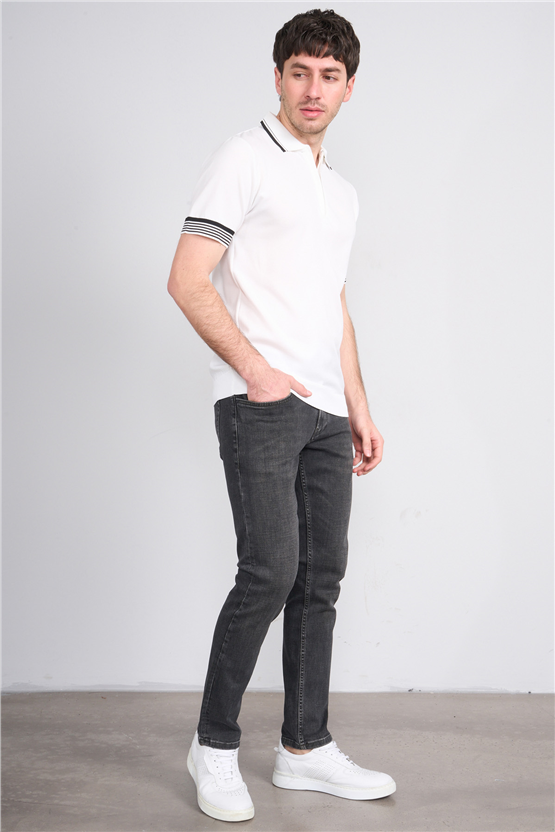 C.K Y26 815 Beyaz Erkek Triko Fermmuarlı Şeritli Polo Yaka Tişört M-Xxl