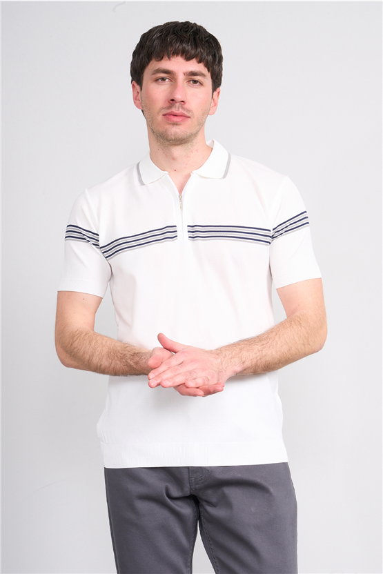 C.K Y26 805 Beyaz Erkek Triko Fermuarlı Çizgi Detaylı Polo Yaka Tişört M-Xxl