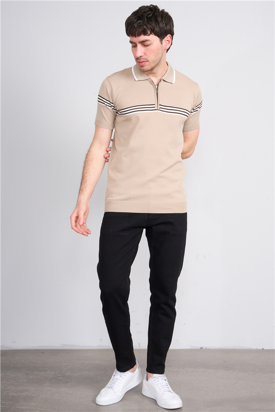 C.K Y26 805 Kahverengi Erkek Triko Fermuarlı Çizgi Detaylı Polo Yaka Tişört M-Xxl