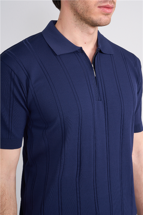 C.K Y26 812 Lacivert Erkek Triko Fermmuarlı Şeritli Polo Yaka Tişört M-Xxl