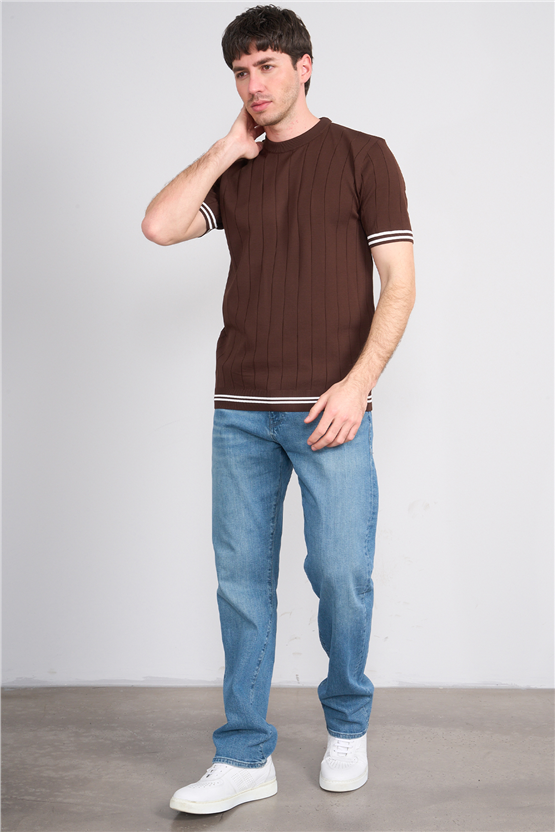 C.K Y26 828 Kahverengi Erkek Triko Bisiklet Yaka Nakış Detaylı Şeritli Tişört M-Xxl