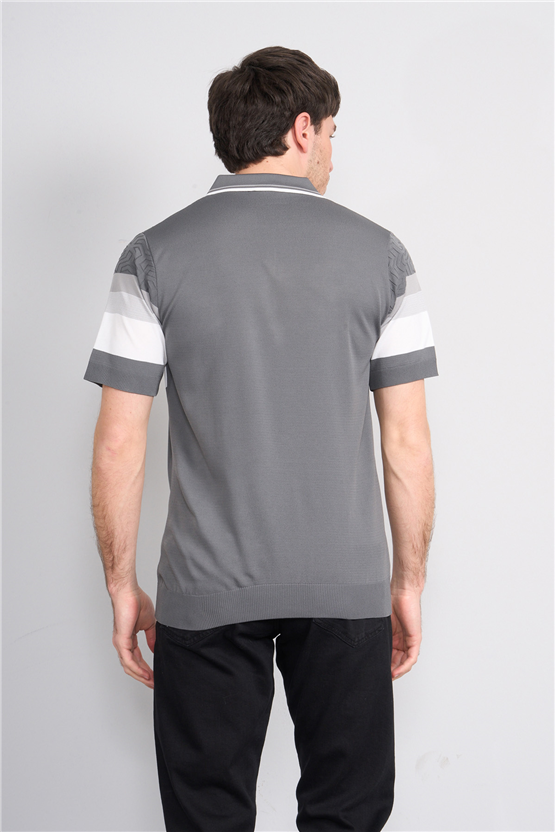 C.K Y26 811 Gri Erkek Triko Fermuarlı Polo Yaka Çizgilı Tişört M-Xxl