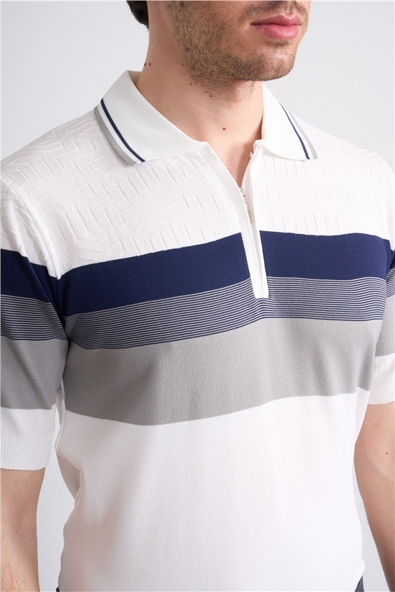 C.K Y26 811 Beyaz Erkek Triko Fermuarlı Polo Yaka Çizgilı Tişört M-Xxl