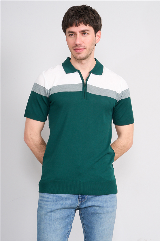 C.K Y26 802 Zümrüt Erkek Triko Fermuarlı Desenli Polo Yaka Tişört M-Xxl