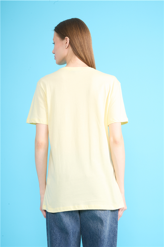 C.K Y26 8946 Fithit Kadın Bisiklet Yaka Regular Nakışlı T-shirt Uçuk Sarı