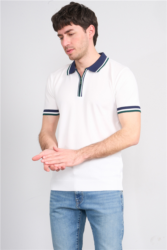 C.K Y26 803 Beyaz Erkek Triko Fermuarlı Polo Yaka Tişört M-Xxl