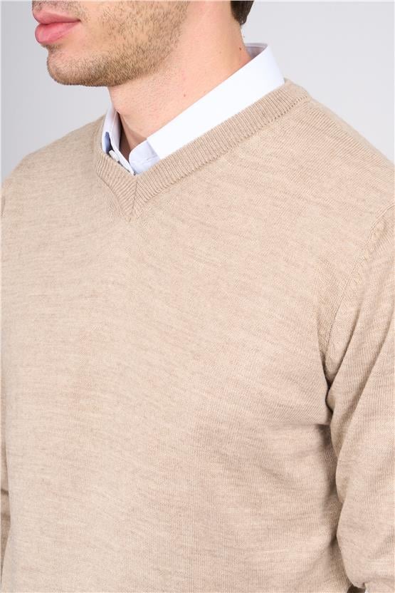 C.K 3176 Mentality Erkek V Yaka Triko Basic Bej
