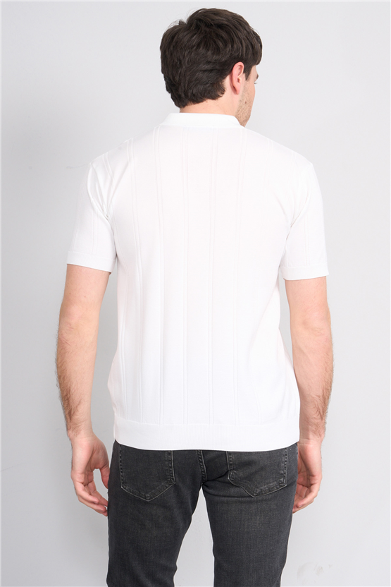C.K Y26 812 Beyaz Erkek Triko Fermmuarlı Şeritli Polo Yaka Tişört M-Xxl